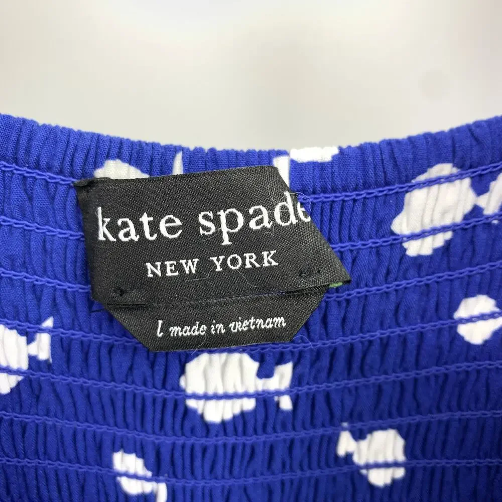 Kate Spade Graphic Fish Print Ruffle Midi Dress Womens Size Large Blue White